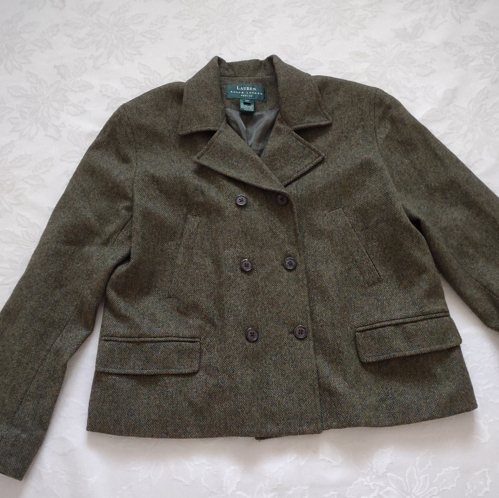 Ralph Lauren woven wool tweed Trench peacoat crop riding jacket Double Breasted